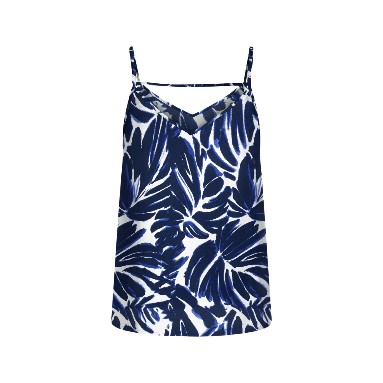 Canotta Only Blu; Stampa Astratta. 100% Viscosa, spalline sottili, scollo a barchetta morbido. Top estivo leggero e traspirante. Stile casual-raffinato. Stesa posteriore 