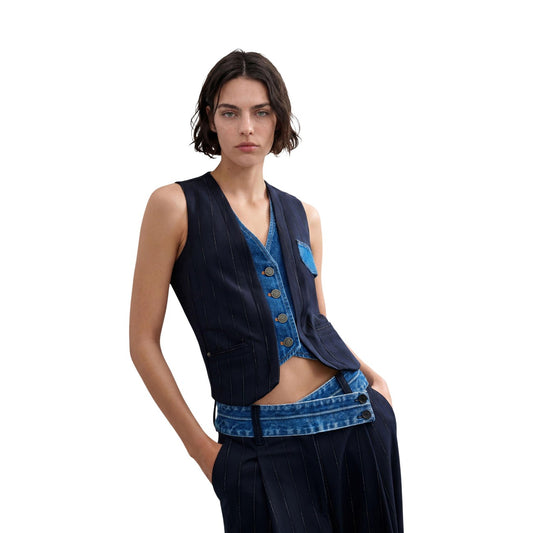 Gilet Desigual donna blu scuro gessato CHALECO DIPLO DOBLE. Gilet sartoriale in tessuto con bottoni frontali, doppia pattina e taschino a contrasto, abbigliamento donna autunno inverno.