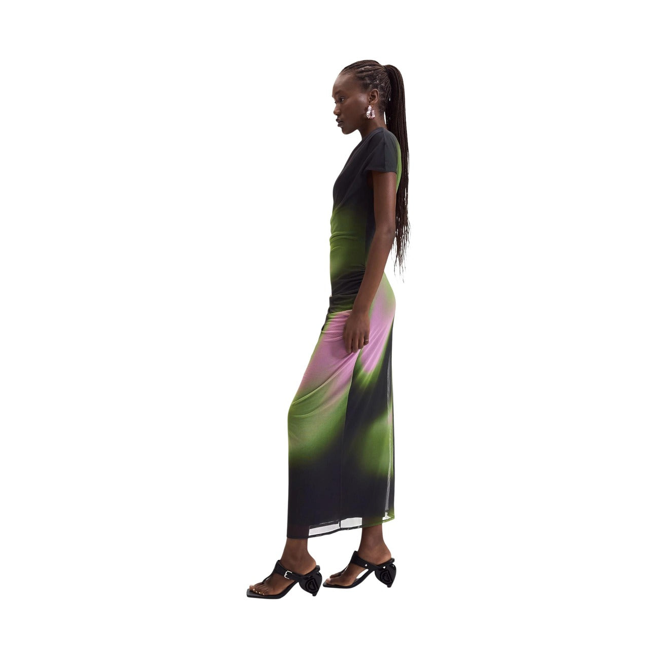 Vestito lungo Desigual vest_Cracovia verde e viola. Abito lungo da donna in tessuto tulle aderente con stampa grafica artistica, giromaglie, manica corta e taglio dritto fino alle caviglie, abbigliamento donna autunno inverno.