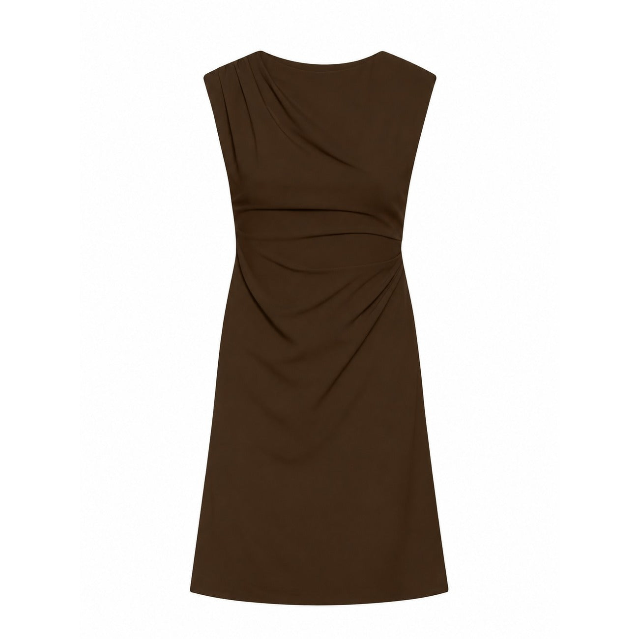 Abito Corto Donna Marrone Vero Moda; Vestito aderente smanicato in poliestere e viscosa elastica. Girocollo, spalline larghe e dettaglio arricciato laterale, stile casual-chic per tutti i giorni. Vista stesa 