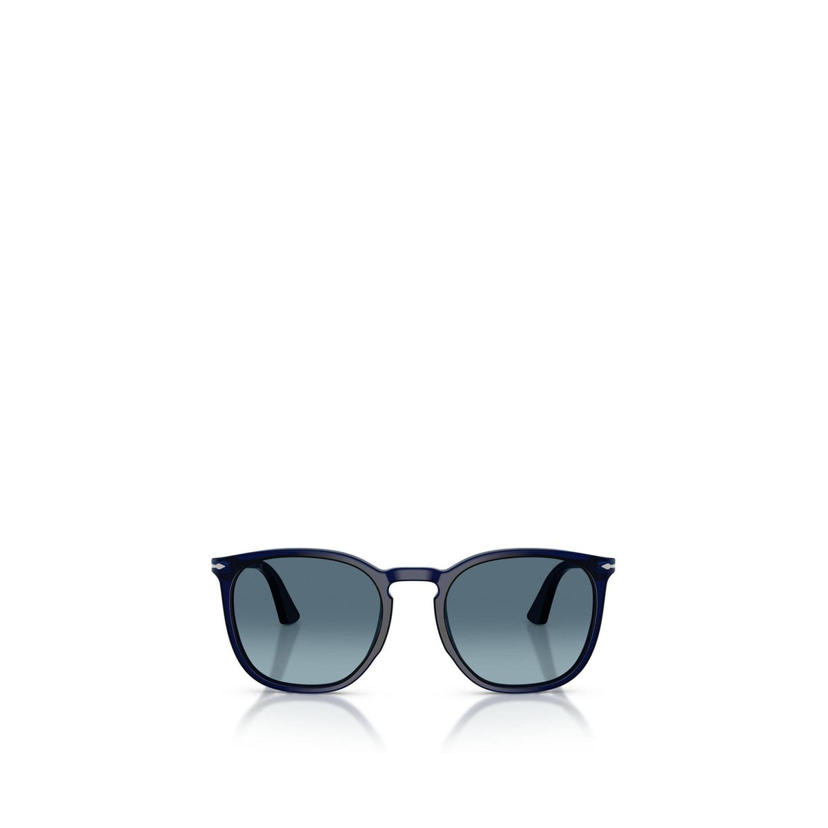 Occhiali da sole Persol unisex rotondi blu modello cobalto con lenti blu sfumate in cristallo. Occhiali da sole tondi in acetato lucido colorato stile luxury fashion, codice EAN 8056262854396. Vista frontale 