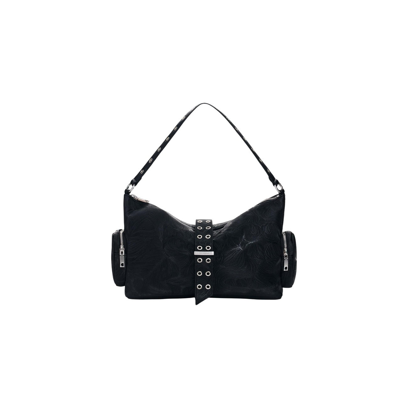 Borsa nera media con dettagli traforati, tracolla e occhielli decorativi e tasche con cerniera alle estremità. Vista frontale 