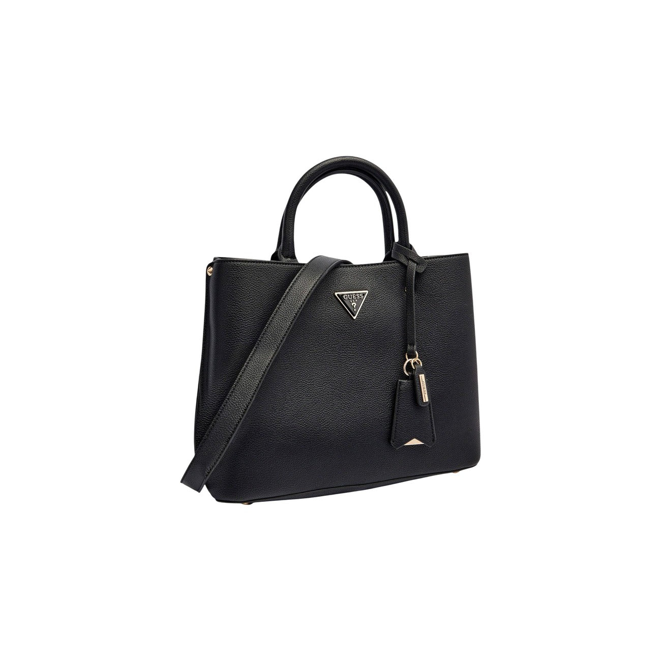 Borsa Guess Meridian II Satchel; 100% Poliuretano. Dettagli borchie, metalleria argento, triplo comparto interno. Doppia portabilità (manici e tracolla removibile). Misure 32x24x12 cm. Stile moderno e grintoso.