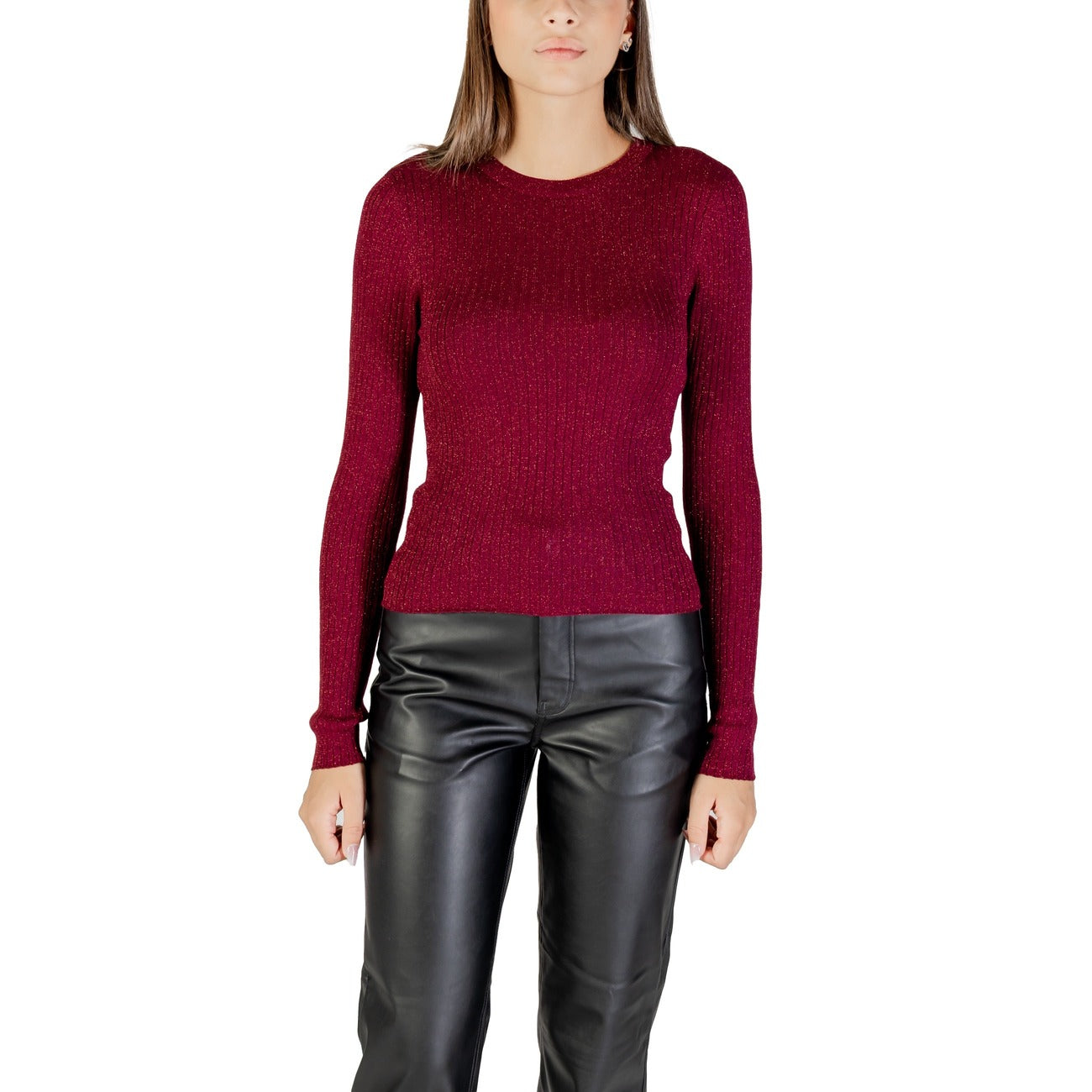 Jacqueline De Yong Maglia Donna Bordeaux Maniche Lunghe Scollo Tondo - Maglia Viscosa Sintetico
