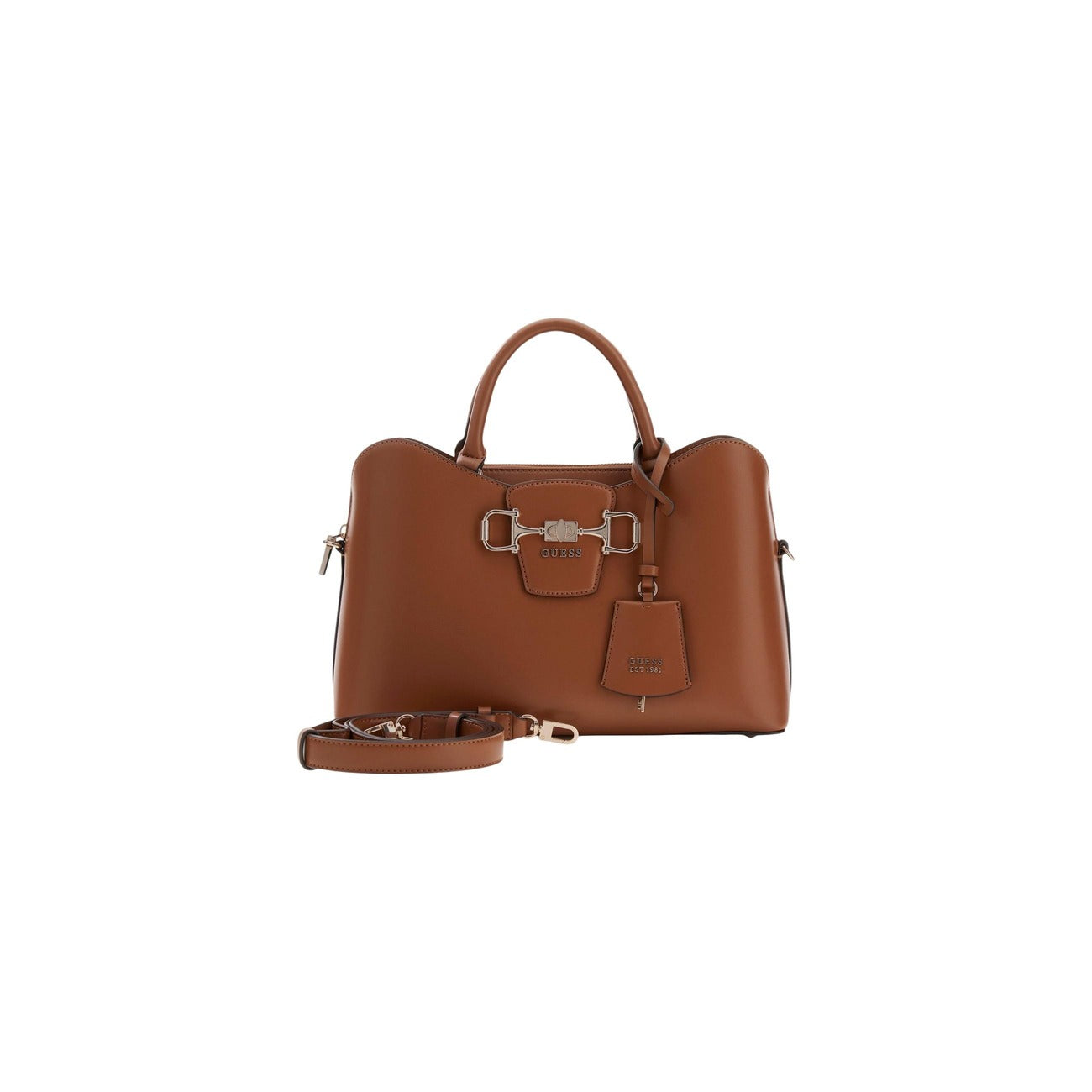 borsa a mano Guess Janie Girlfriend Satchel in ecopelle marrone/cuoio vista frontale con tracolla 