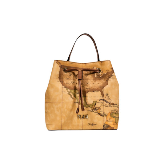 Borsa secchiello Alviero Martini Prima Classe Geo Classic C E062 6000. Borsa da donna beige in vera pelle con stampa mappa geografica, chiusura a coulisse, manico e tracolla, borsa iconica 4 stagioni.