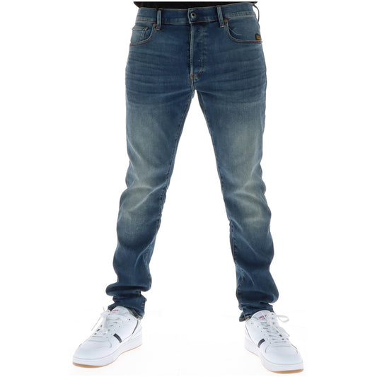 G-Star 3301 Regular Blu; effetto consumato, 5 tasche, chiusura a bottoni. Denim multi-fibra elastico per il massimo comfort quotidiano. Vista frontale 