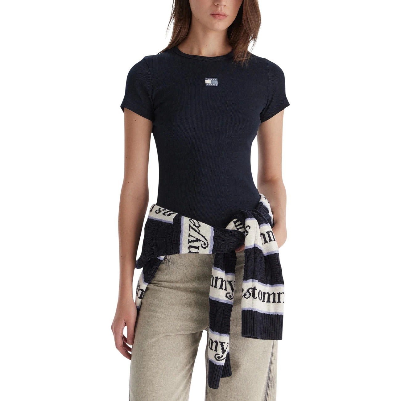 Tommy Hilfiger Jeans T-Shirt Donna Beige Maniche Corte Scollo Tondo Cotone 95% Elastan 5% Autunno Inverno DW0DW17881