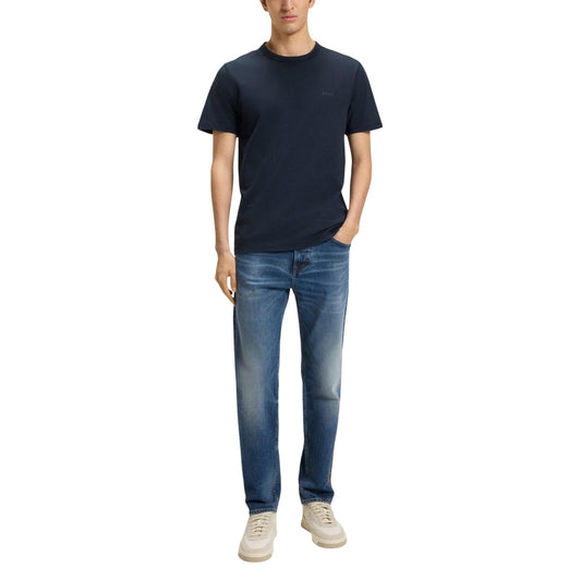 T-shirt Boss uomo blu manica corta scollo tondo 100% cotone - vista frontale indossata da modello figura intera
