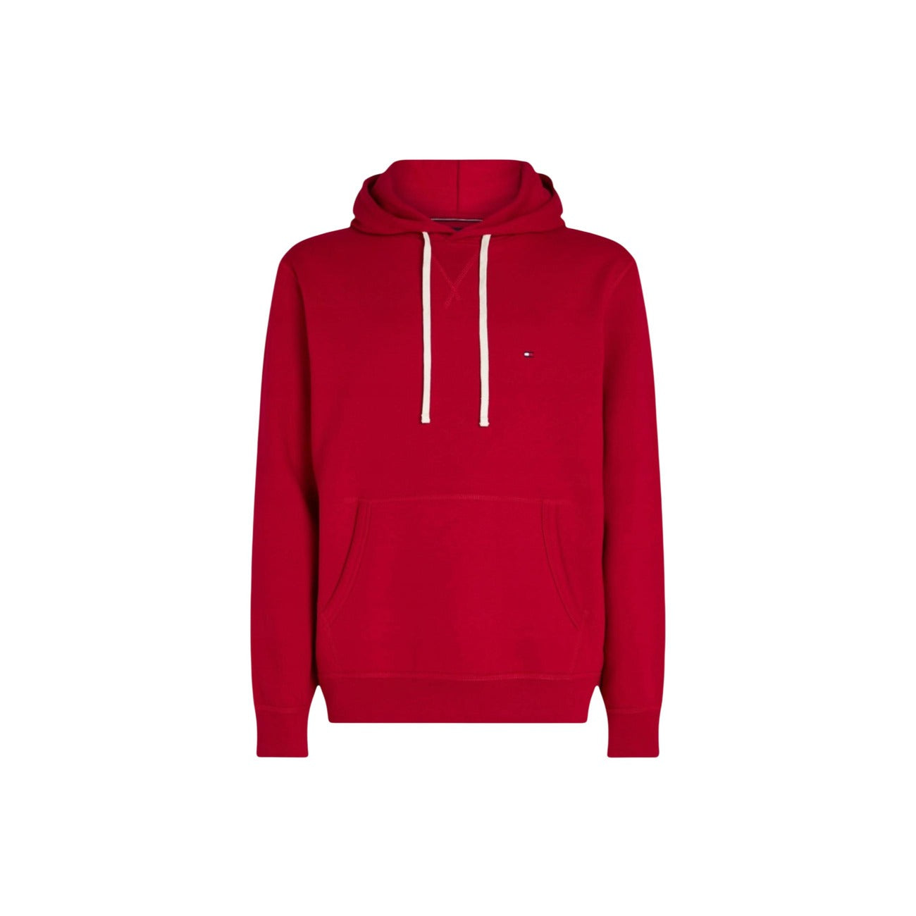 Felpa Tommy Hilfiger uomo rossa con cappuccio MW0MW39997. Felpa sportiva rossa da uomo in cotone felpato con tasca marsupio frontale, coulisse a contrasto e logo ricamato, abbigliamento casual autunno inverno.