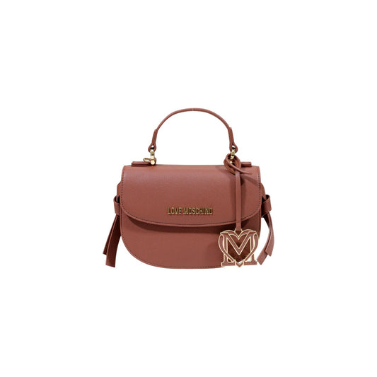 Borsa Love Moschino donna marrone a mano e tracolla modello JC4057PP. Borsetta piccola rigida effetto pelle martellata marrone cuoio con fiocchi laterali, patta e charm dorato con iniziali stile elegante, romantico e da giorno.