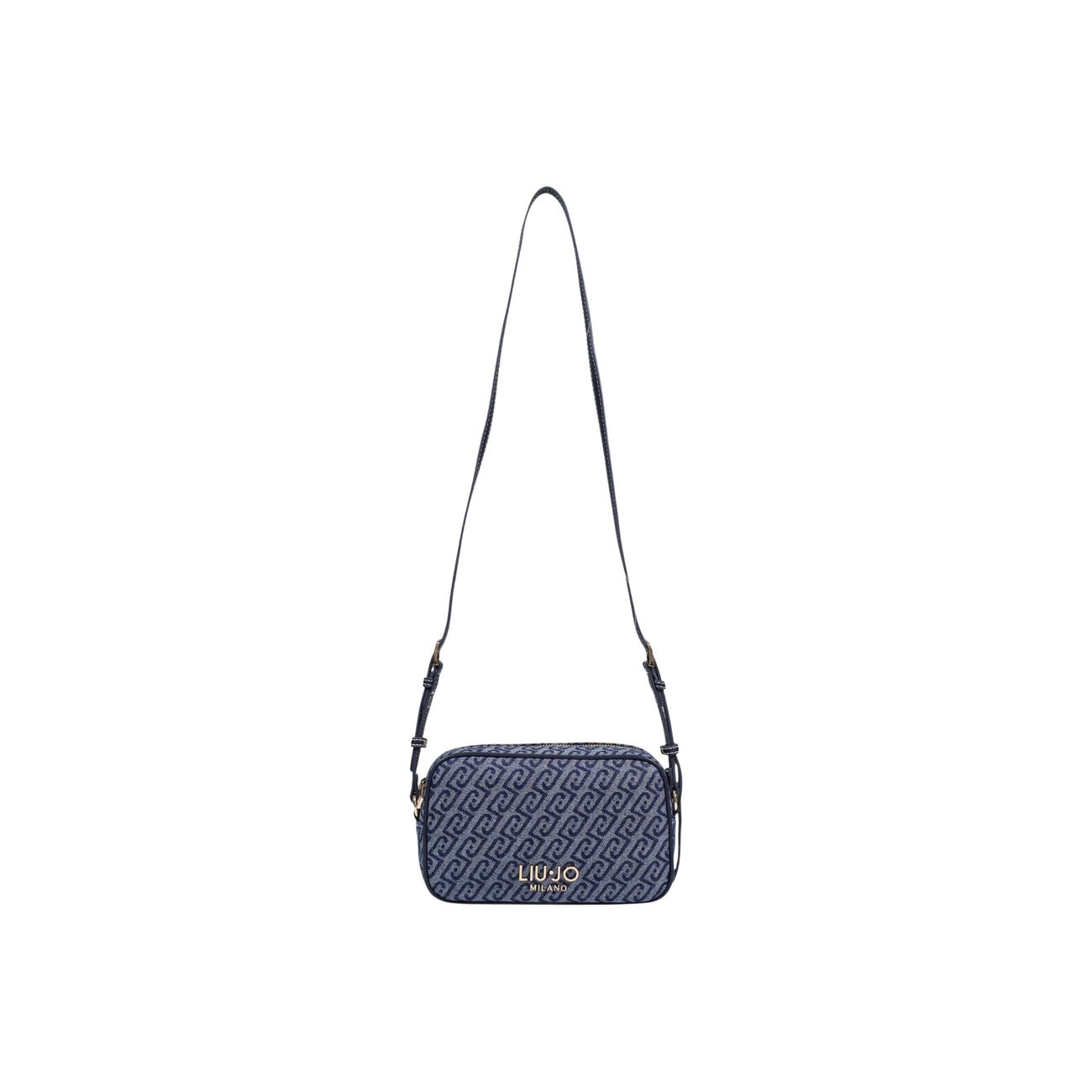 Borsa Liu Jo Camera Case Blu; 80% Cotone, 20% Poliestere. Pattern monogramma, logo metallico frontale, chiusura a cerniera. Tracolla regolabile, stile casual-elegante 4 stagioni. Vista con tracolla 