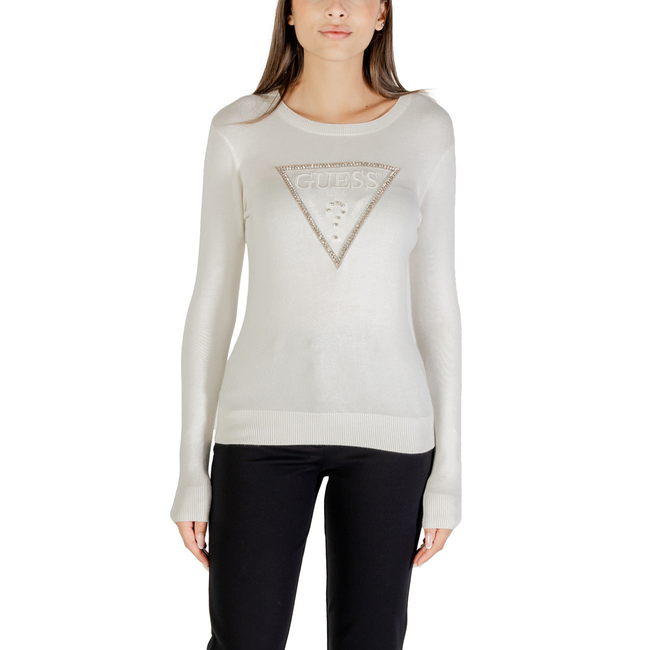 Guess Maglia Donna Blu con Stampa Strass Maniche Lunghe Scollo Tondo - Maglia Viscosa Poliammide Elastan