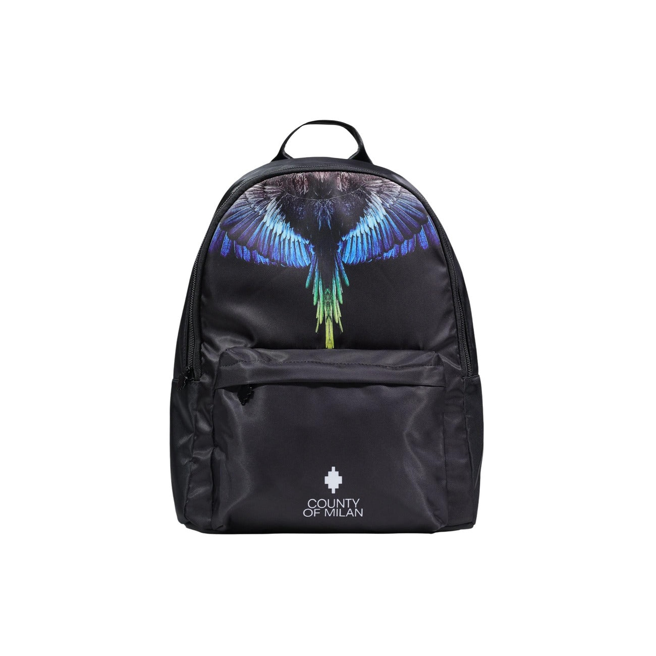 Zaino County of Milan Printed; 100% nylon, grafica ali iconica, tasca zip frontale, logo frontale. Lo zaino essenziale per un look streetwear d'impatto. Vista frontale 