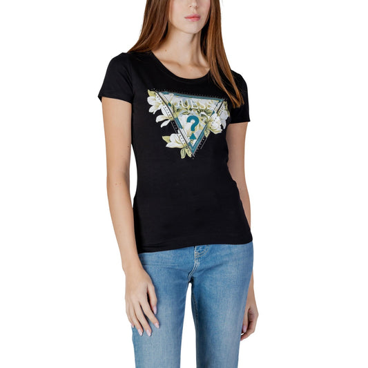 T-shirt Guess Camelia Triangle; Nero. Cotone elasticizzato, vestibilità slim. Logo con strass applicati, girocollo, maniche corte. Stile iconico e femminile.