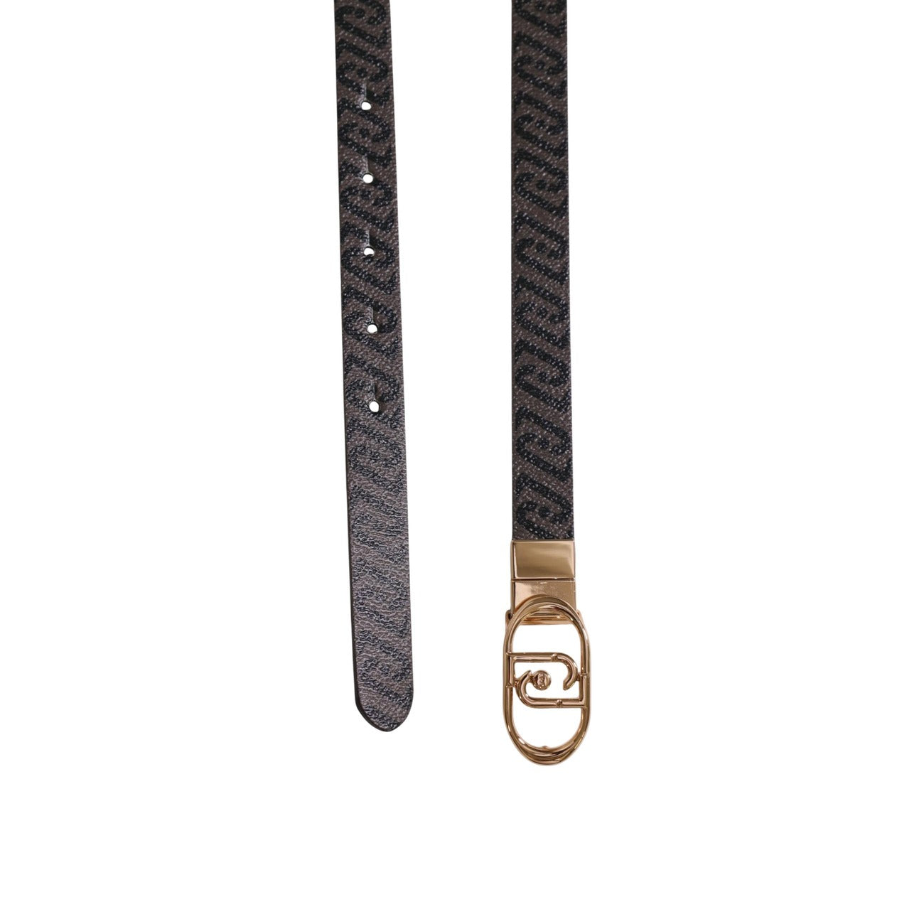 Cintura Reversibile Liu Jo; Marrone. Altezza 2 cm. Stampa logo all-over e lato effetto bottalato. Fibbia monogram dorata, chiusura regolabile. Prodotto ecosostenibile "Liu Jo Better". Dettaglio 
