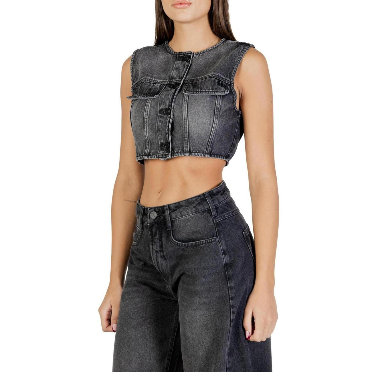 Colcci Top Jeans Donna Nero Bottoni Smanicato Scollo Tondo Cotone 100% Autunno Inverno 050.11.00015