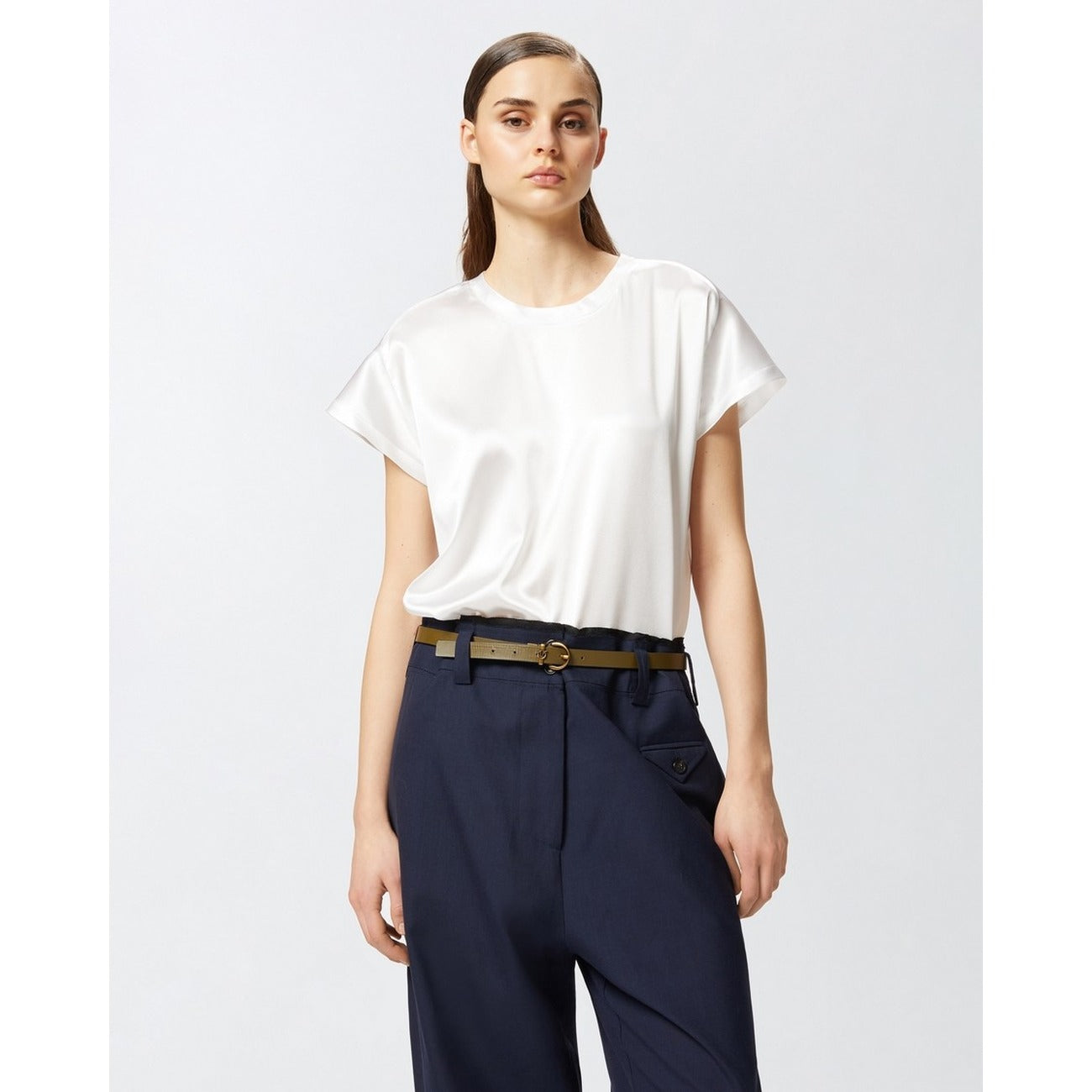 Pinko Blusa Donna Bianca Manica Corta - Blusa Seta Elastan Scollo Tondo