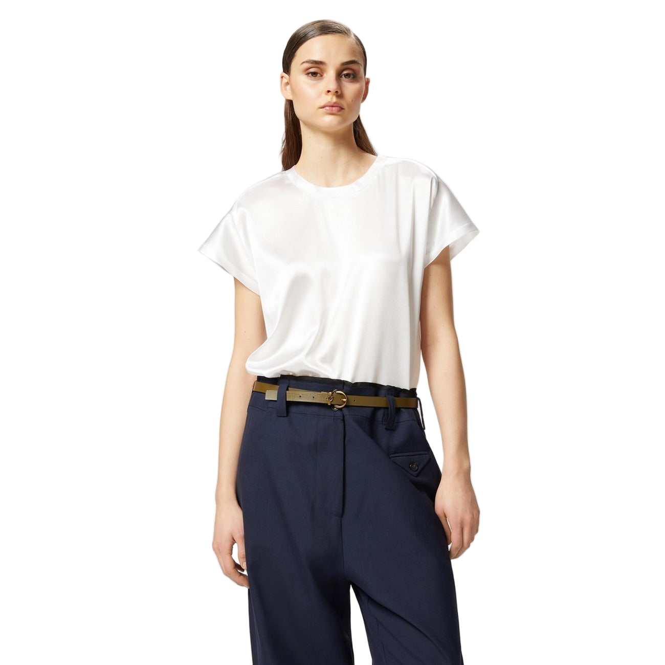 Pinko Blusa Donna Bianca Manica Corta - Blusa Seta Elastan Scollo Tondo