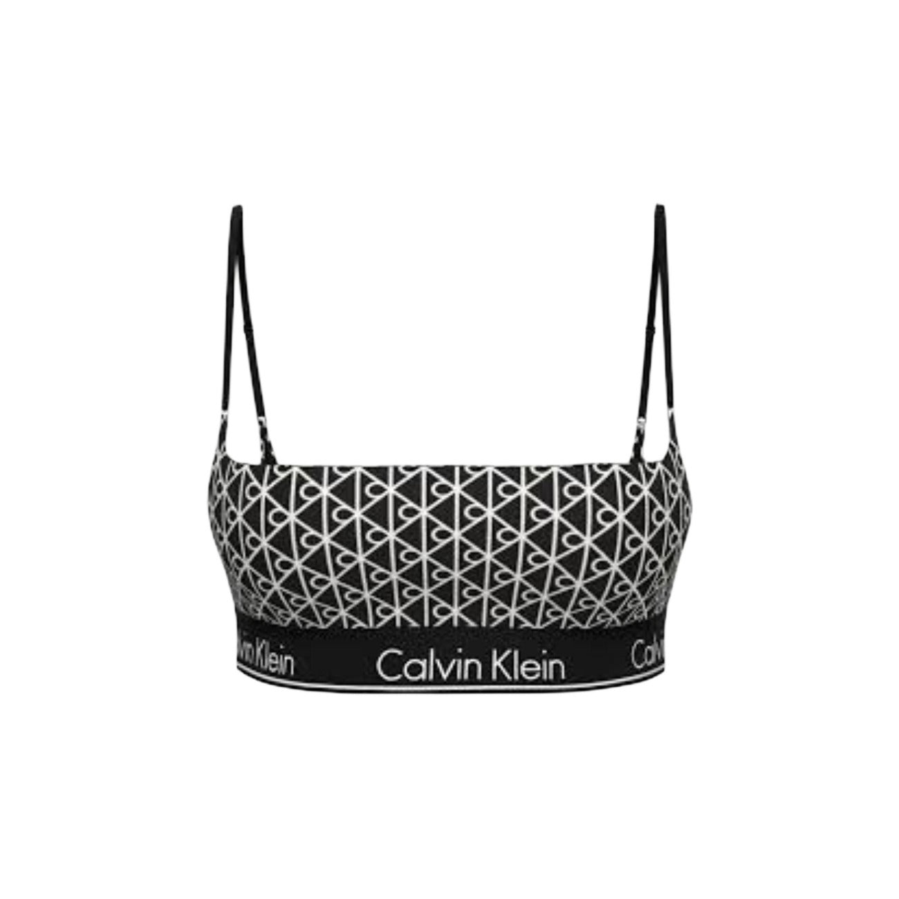 Bralette Bikini CK Jeans; Nero con monogramma bianco. Scollatura quadrata, fascia elastica logata, spalline regolabili. Tessuto stretch riciclato, asciugatura rapida, stile moderno e grafico. Vista stesa 
