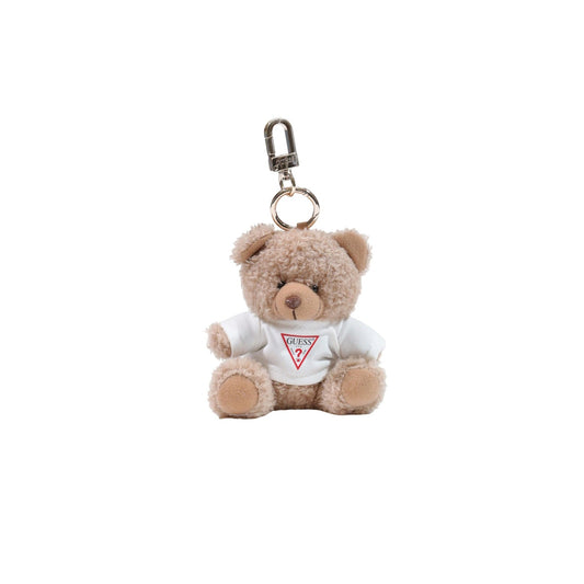 Portachiavi Donna Orsetto Marrone Guess Brooke; Charm borsa in poliestere peluche con mini t-shirt logata. Anello e moschettone in metallo dorato, stile casual e perfetto come idea regalo. Frontale 