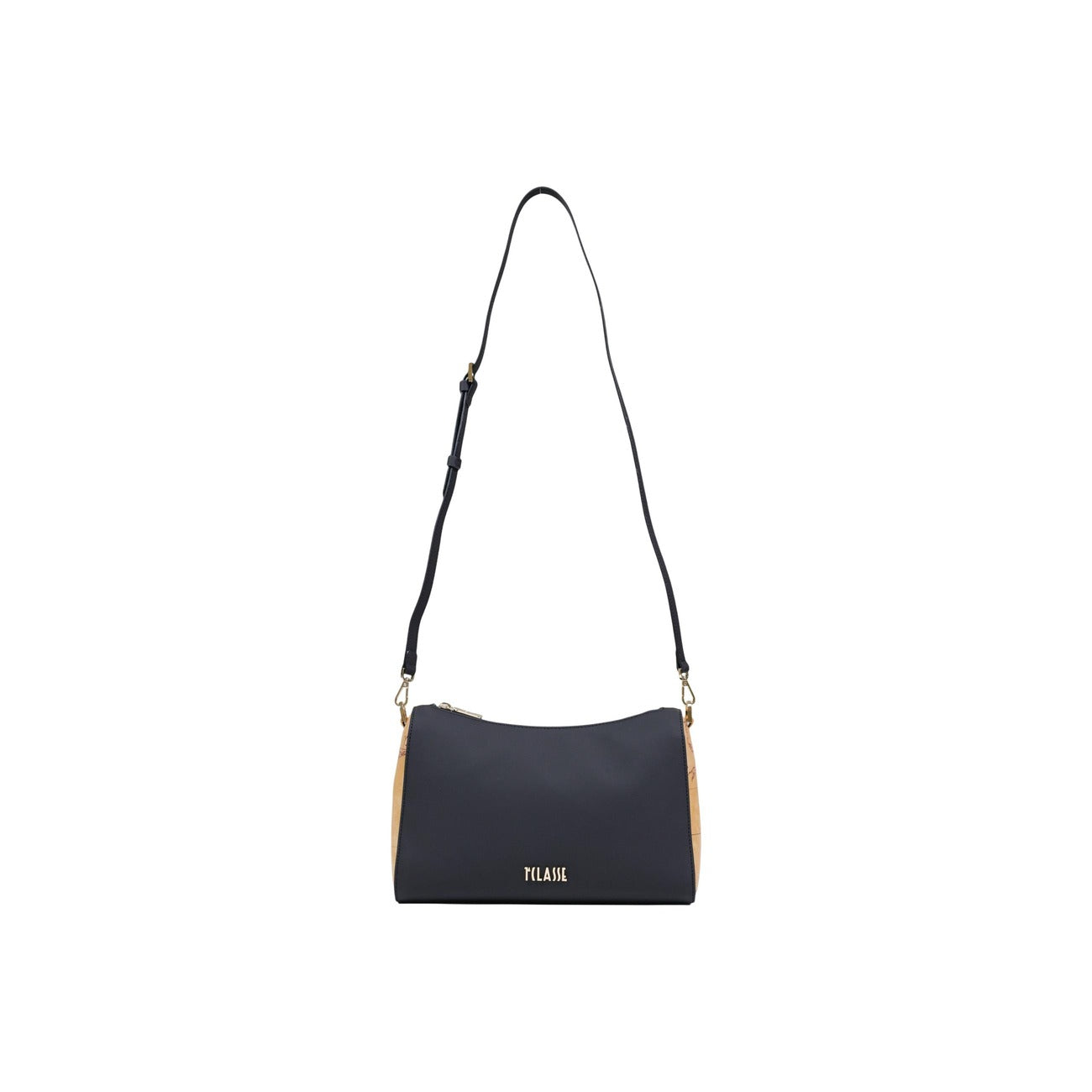 Borsa Media Alviero Martini; Nero/Geo Classic. Chiusura con zip dorata, tracolla regolabile con moschettone, interni organizzati. Dimensioni 19x10x10 cm. Stile casual-raffinato per ogni stagione. Vista con tracolla 