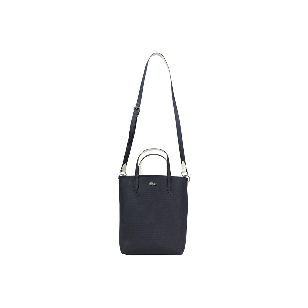Dettaglio borsa Lacoste ANNA donna nera con chiusura a cerniera e logo coccodrillo applicato