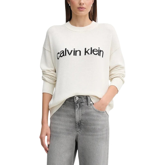 Calvin Klein Jeans Maglia Donna Bianco Stampa Maniche Lunghe Scollo Tondo Cotone 100% Autunno Inverno LV047C311G