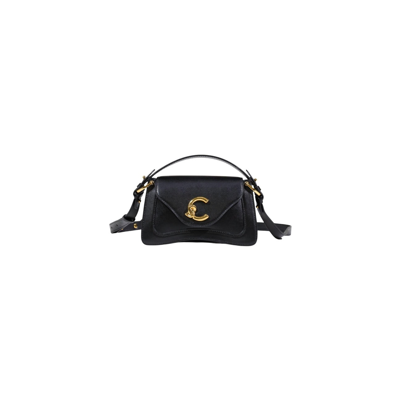 Coccinelle C-Me Black Edition; borsa strutturata in pelle calf nera con logo gold a contrasto. Eleganza luminosa per cerimonie e look estivi ricercati.
