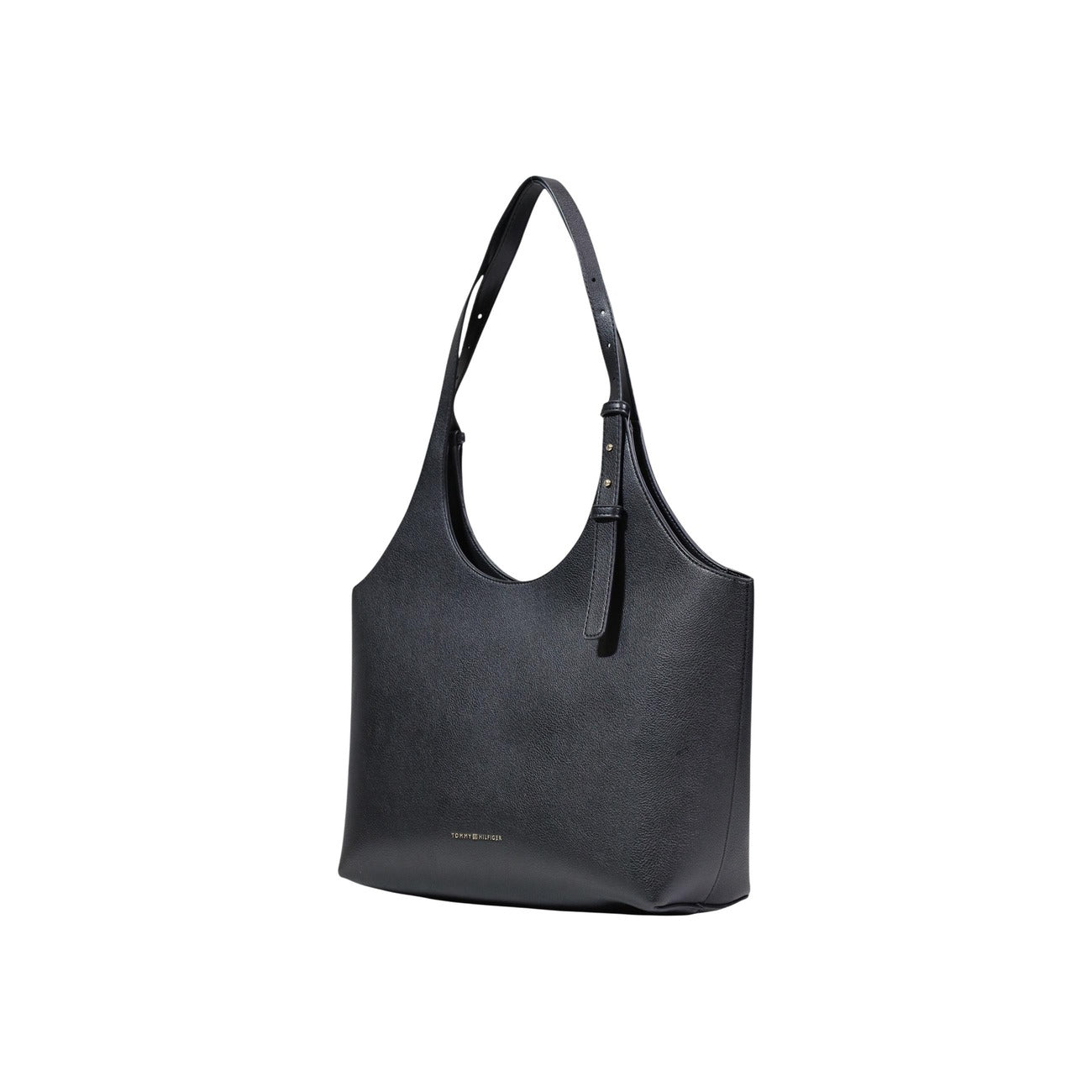 Borsa Tote donna Tommy Hilfiger; 100% Poliuretano. Logo metallico, tracolla regolabile, design ampio e leggero. Shopper nera versatile per ufficio e casual-chic. Vista frontale Laterale 