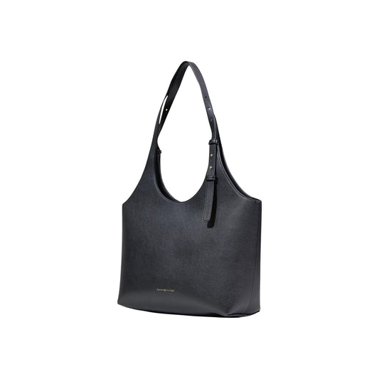 Borsa Tote donna Tommy Hilfiger; 100% Poliuretano. Logo metallico, tracolla regolabile, design ampio e leggero. Shopper nera versatile per ufficio e casual-chic. Vista frontale Laterale 