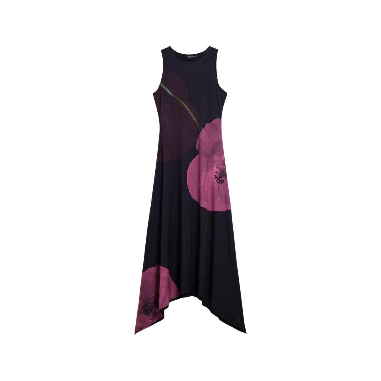 Abito Asimmetrico Desigual; Nero/Multicolore. 94% Poliestere, 6% Elastan. Senza maniche, stampa floreale laterale, chiusura con zip. Vestibilità fluida e leggera, stile SS26. Vista stesa