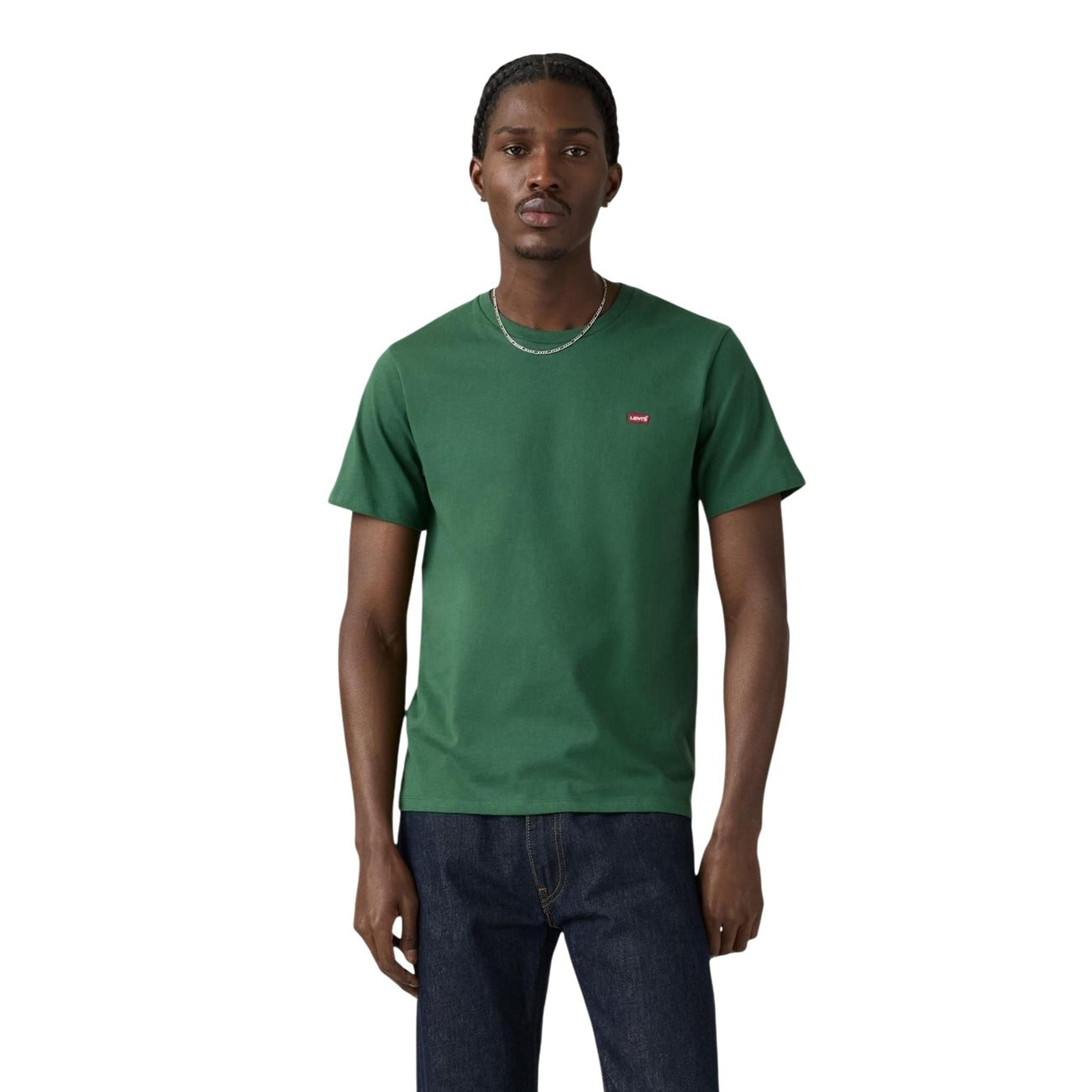 Levi's® Original Tee Dark Green; 100% cotone, girocollo, logo a bandiera laterale. T-shirt basica verde di alta qualità. Vista frontale 