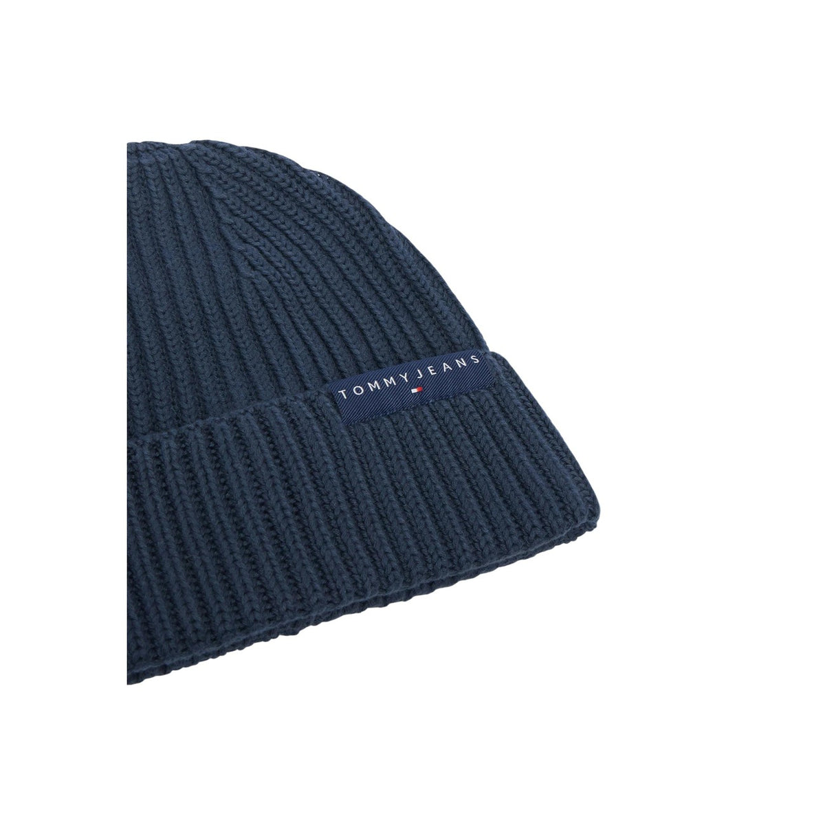 Berretto cotone uomo Tommy Jeans AM0AM14865C1G. Cappello da cuffia a coste in puro cotone blu e nero con risvolto e scritta logo Tommy Jeans.