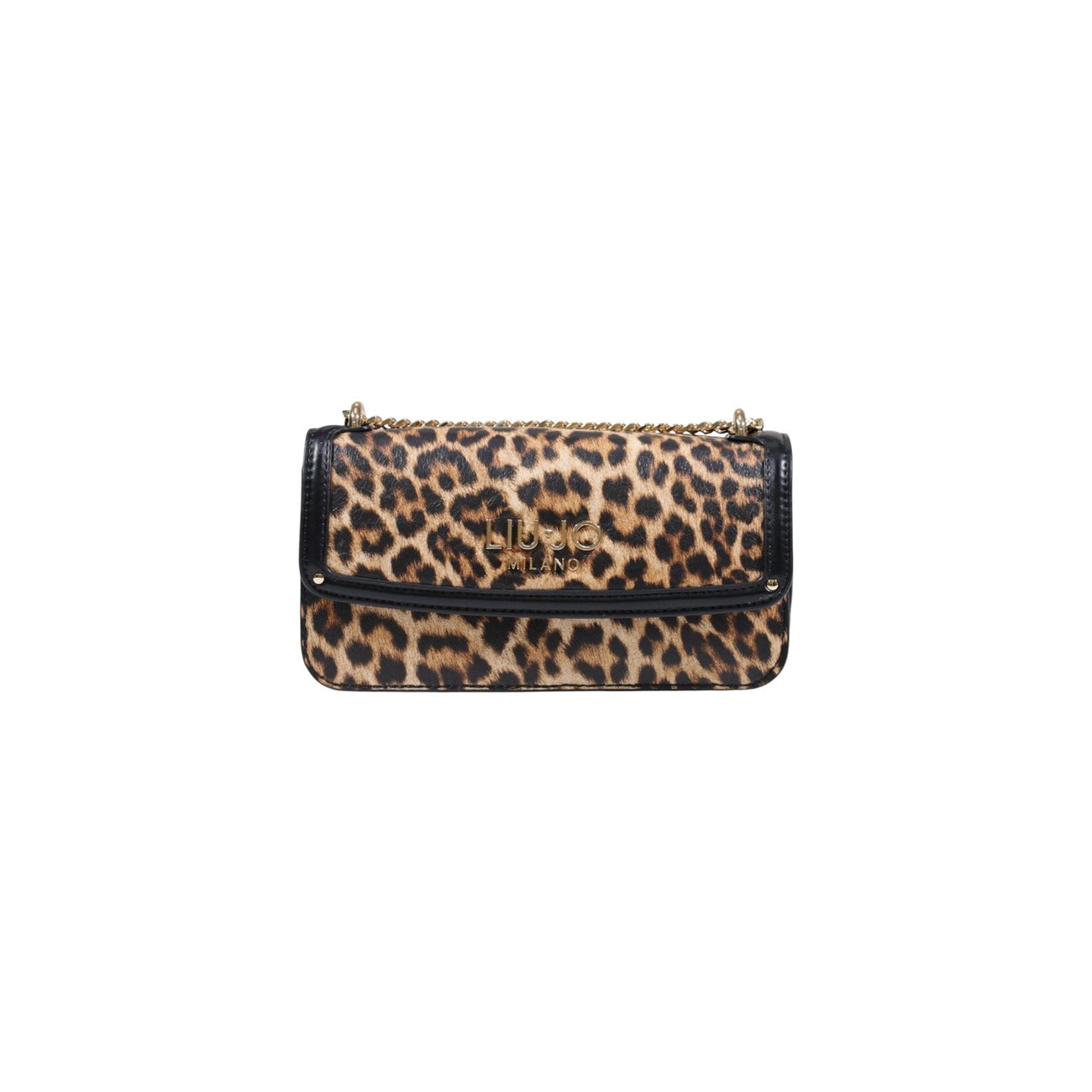 Borsa Liu Jo S Crossbody East/West; 100% Poliuretano Animalier. Tracolla a catena dorata, logo Milano in rilievo, chiusura a zip. Mini bag donna glamour e versatile. Vista frontale 