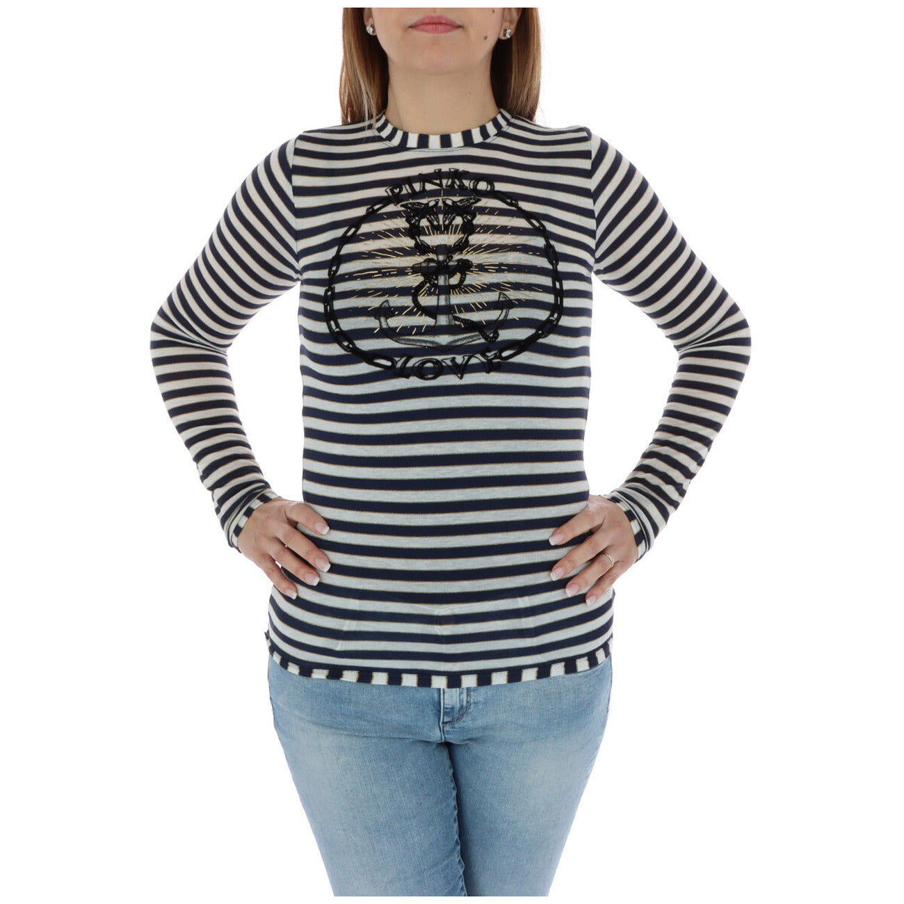 Pinko Maglia Donna Blu a Righe in 72% Viscosa 11% Poliammide 9% Elastan 4% Cashmere 4% Poliestere Manica Lunga Scollo Tondo 1G15DX 8166