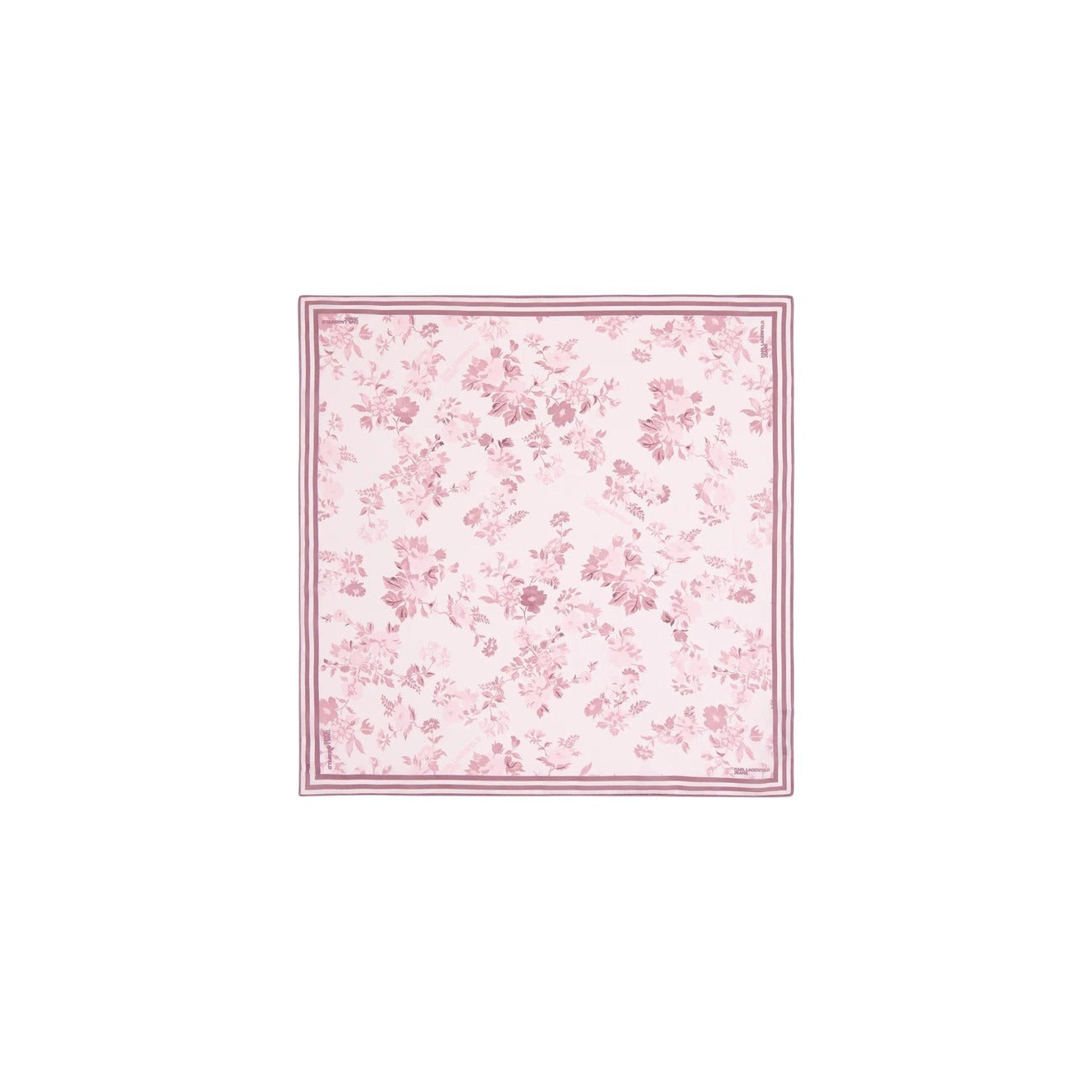 Foulard Fiori Karl Lagerfeld; 100% Poliestere. Stampa floreale, 55x55 cm, bordo a righe logato. Sciarpa quadrata leggera, resistente e versatile per la stagione PE26. Vista frontale 