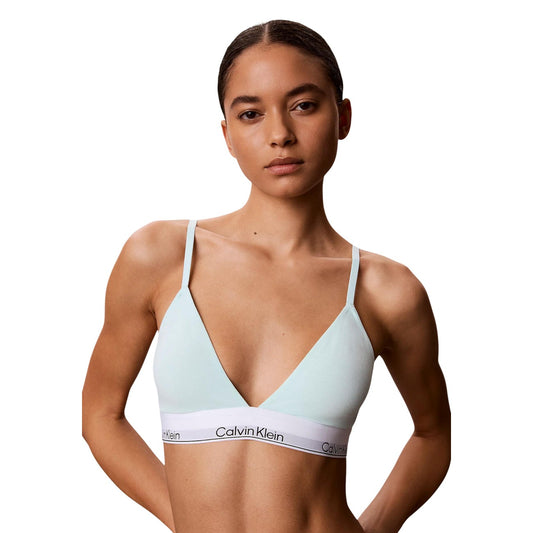 Reggiseno Triangolo verde menta Donna Calvin Klein; Tessuto elasticizzato in cotone e modal con coppe leggermente imbottite. Modello casual con spalline sottili e fascia sottoseno elastica logata, stile essentials 4 stagioni.