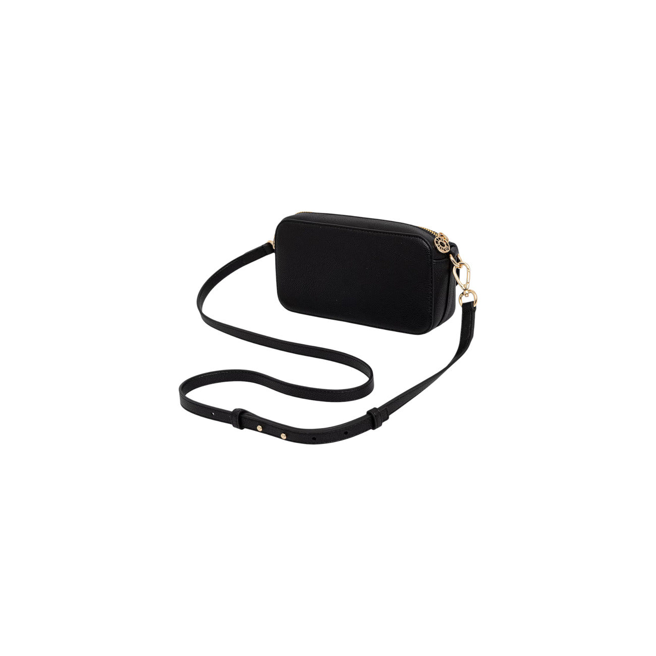 Borsa Camera Bag Donna Tommy Hilfiger; Nero. Finitura martellata, chiusura con zip, tracolla rimovibile e tasca frontale con patta. Monogramma TH dorato, misure compatte (22x12 cm) e capienza 1 litro. Vista Posteriore