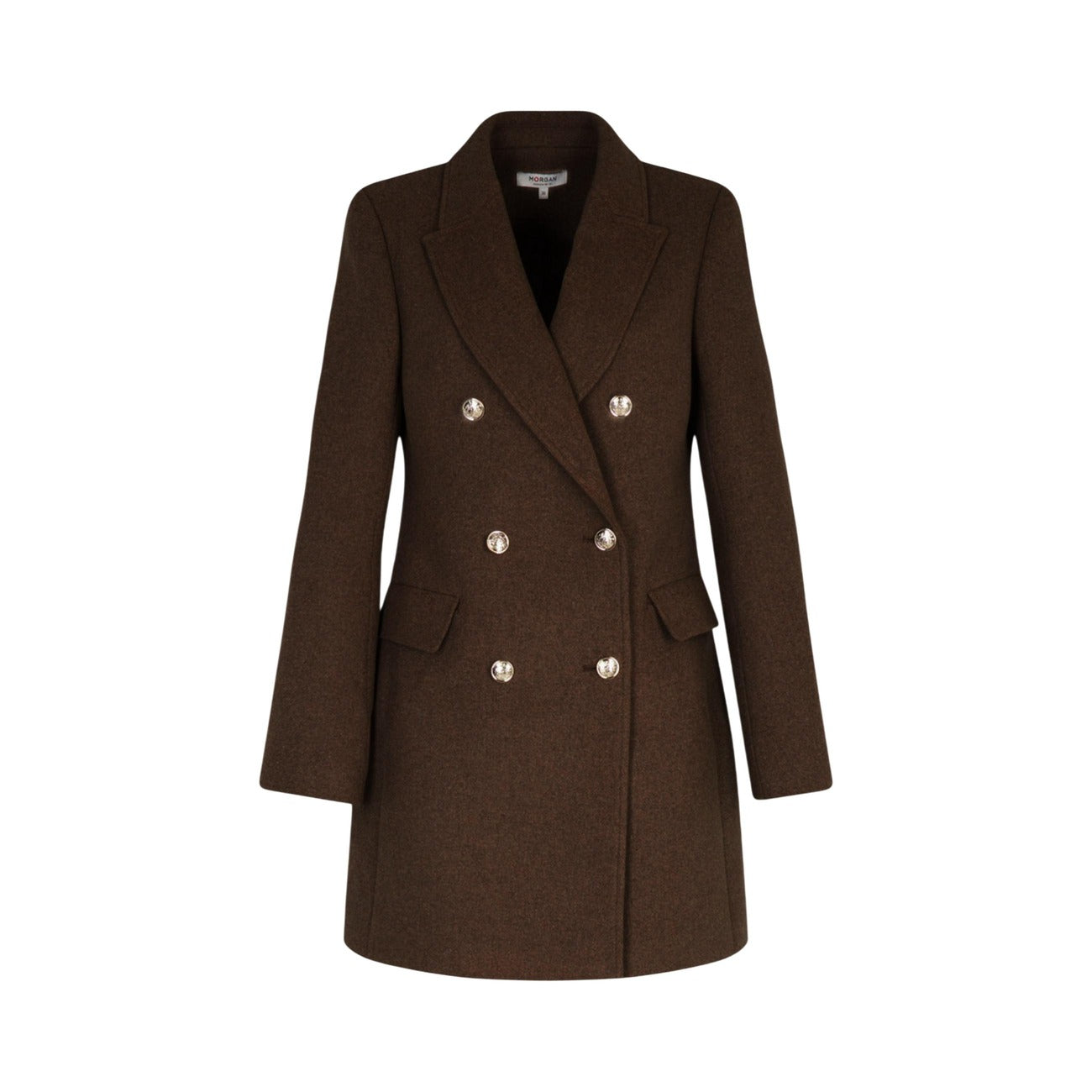 Cappotto Morgan De Toi donna marrone 252-GCHA. Cappotto lungo elegante foderato in misto lana, abbottonatura doppiopetto con bottoni in metallo, collo a rever ampio e vestibilità dritto-regolare per l'inverno.