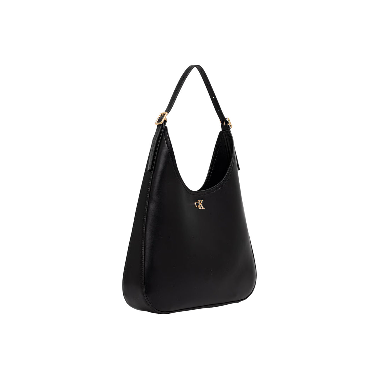 Borsa a Spalla Donna Calvin Klein; Nero. 51% Poliestere riciclato con finitura liscia, chiusura zippata, tracolla regolabile, tasca posteriore e logo metallico oro. Misure slanciate (35x32,5 cm), stile minimalista 4 stagioni. Frontale laterale 