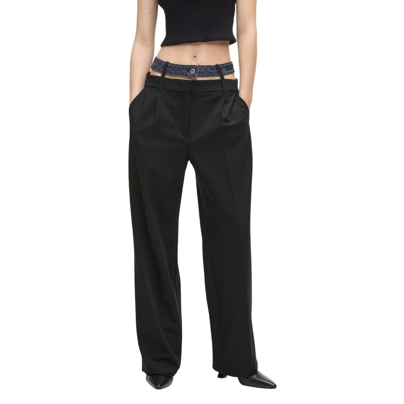Pantaloni a palazzo donna Karl Lagerfeld Jeans modello KLJ MIXED MATERIAL PANT neri in viscosa e poliestere con chiusura zip e bottone