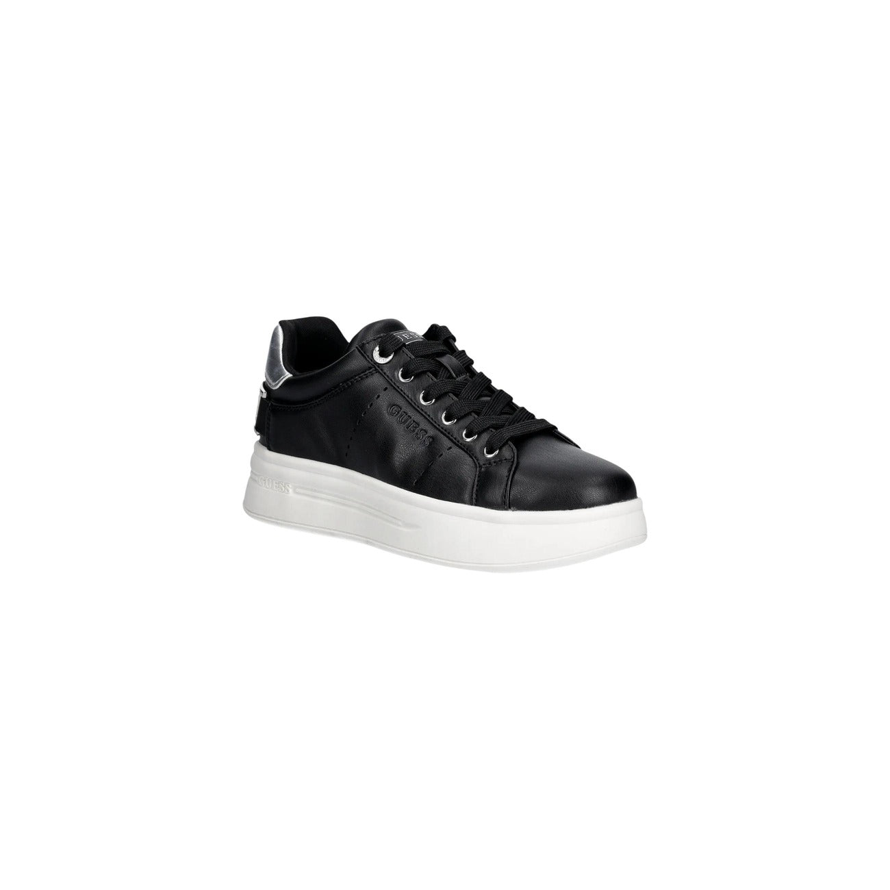 Sneakers Guess Wesli; Nero, 100% Poliuretano. Suola platform 4 cm, logo in rilievo, dettaglio fibbia metallica. Calzata confortevole, stile 4 stagioni. Vista frontale laterale 