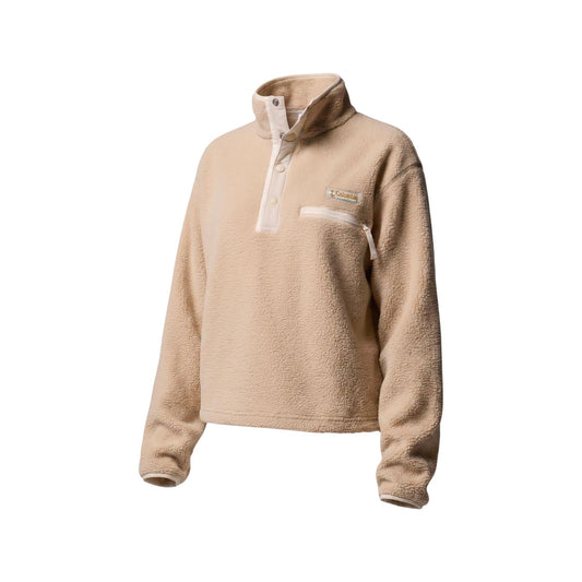 Pile Columbia donna Helvetia II cropped. Pullover in soffice pile Sherpa a pelo lungo con abbottonatura corta, tasca di sicurezza sul petto con cerniera, orlo regolabile e design ecosostenibile senza PFAS per outdoor e città.