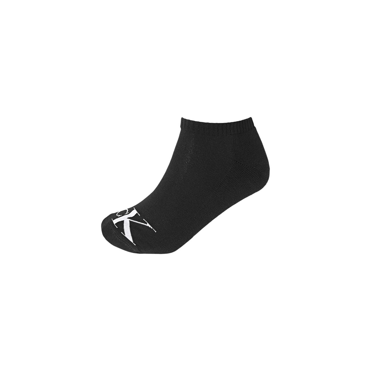 Pack 2 Paia Calzini Sneaker Calvin Klein Jeans; Nero. 81% Cotone, 19% Fibre tecniche. Logo monogramma ricamato, taglio basso, traspirabilità e vestibilità stretch. Vista laterale
