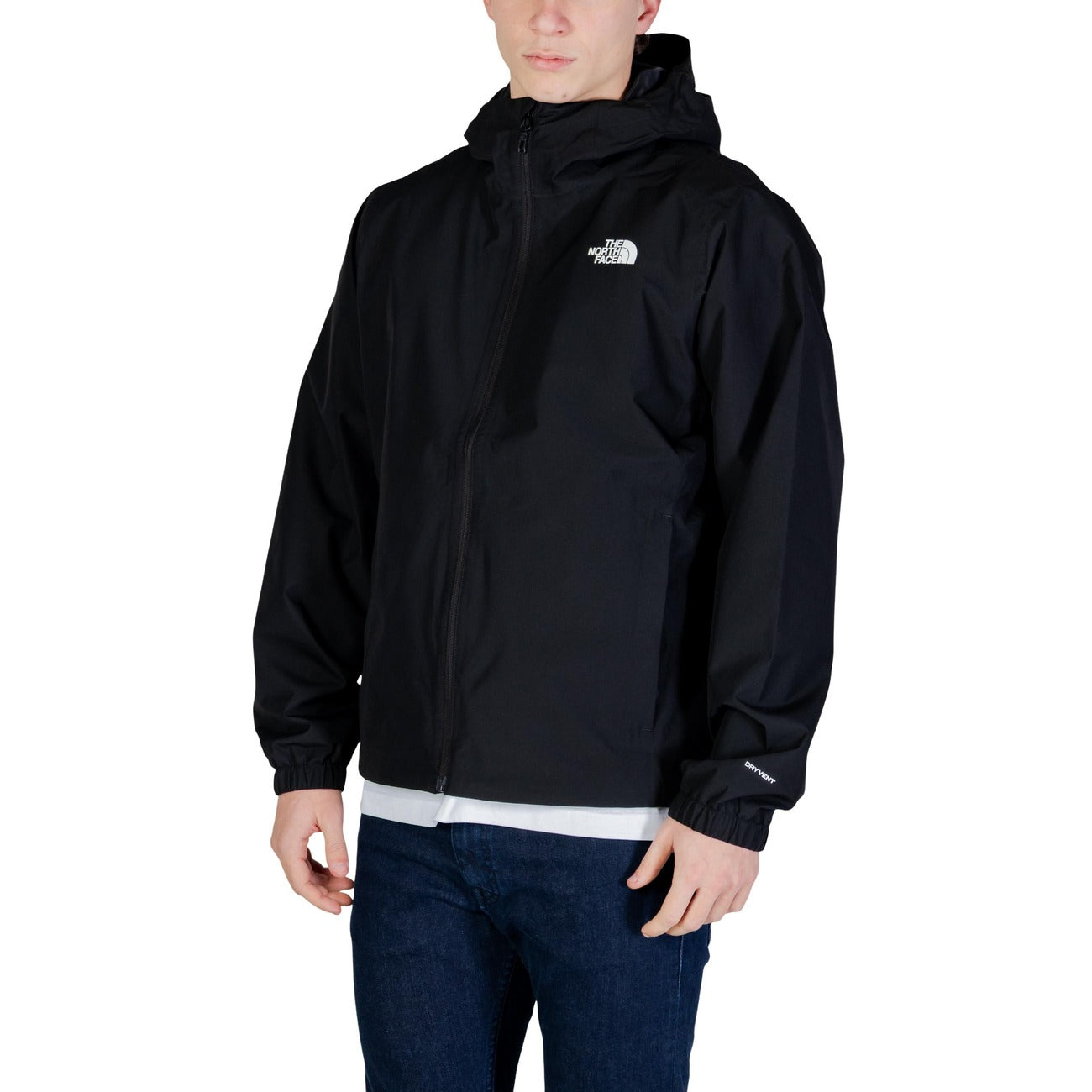 Giacca The North Face uomo nera con cappuccio - vista frontale indossata da modello