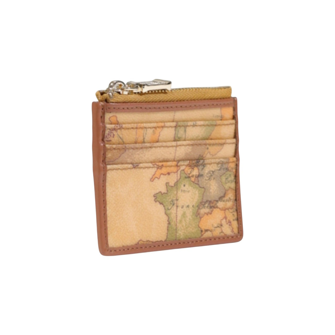 Portacarte Alviero Martini Prima Classe donna Geo Classic C W373 6000. Mini portafoglio slim beige con mappa geografica, fessure per carte di credito e tasca con zip per monete, accessorio da borsa elegante e compatto 4 stagioni.