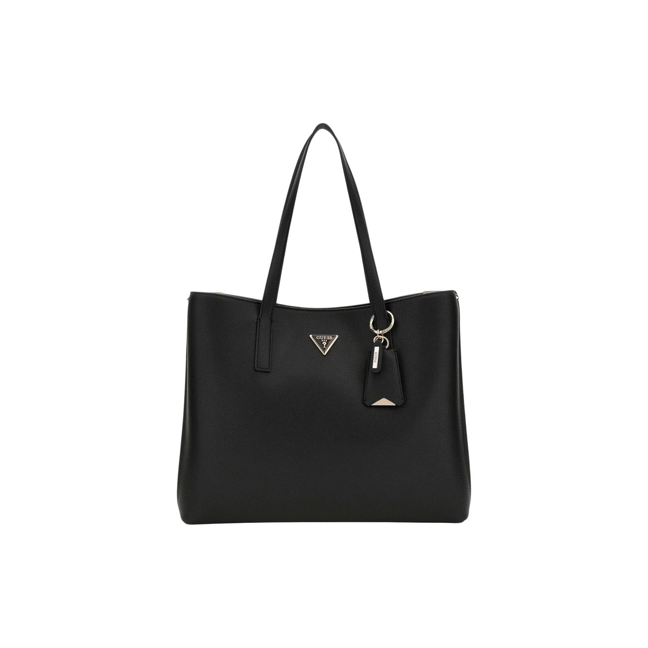 Borsa Guess Meridian II Girlfriend Tote; 100% Poliuretano. Chiusura zip e pressione, dettagli oro, charm logato removibile. Borsa a mano nera capiente e organizzata, collezione Primavera/Estate. Vista frontale 