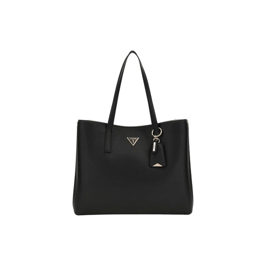 Borsa Guess Meridian II Girlfriend Tote; 100% Poliuretano. Chiusura zip e pressione, dettagli oro, charm logato removibile. Borsa a mano nera capiente e organizzata, collezione Primavera/Estate. Vista frontale 