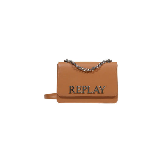 Borsa Replay Marrone; 100% Poliestere. Maxi logo, tracolla a catena, chiusura con patta. Dimensioni 25x17x7 cm. Borsa a tracolla media dallo stile casual-chic contemporaneo. Vista frontale 